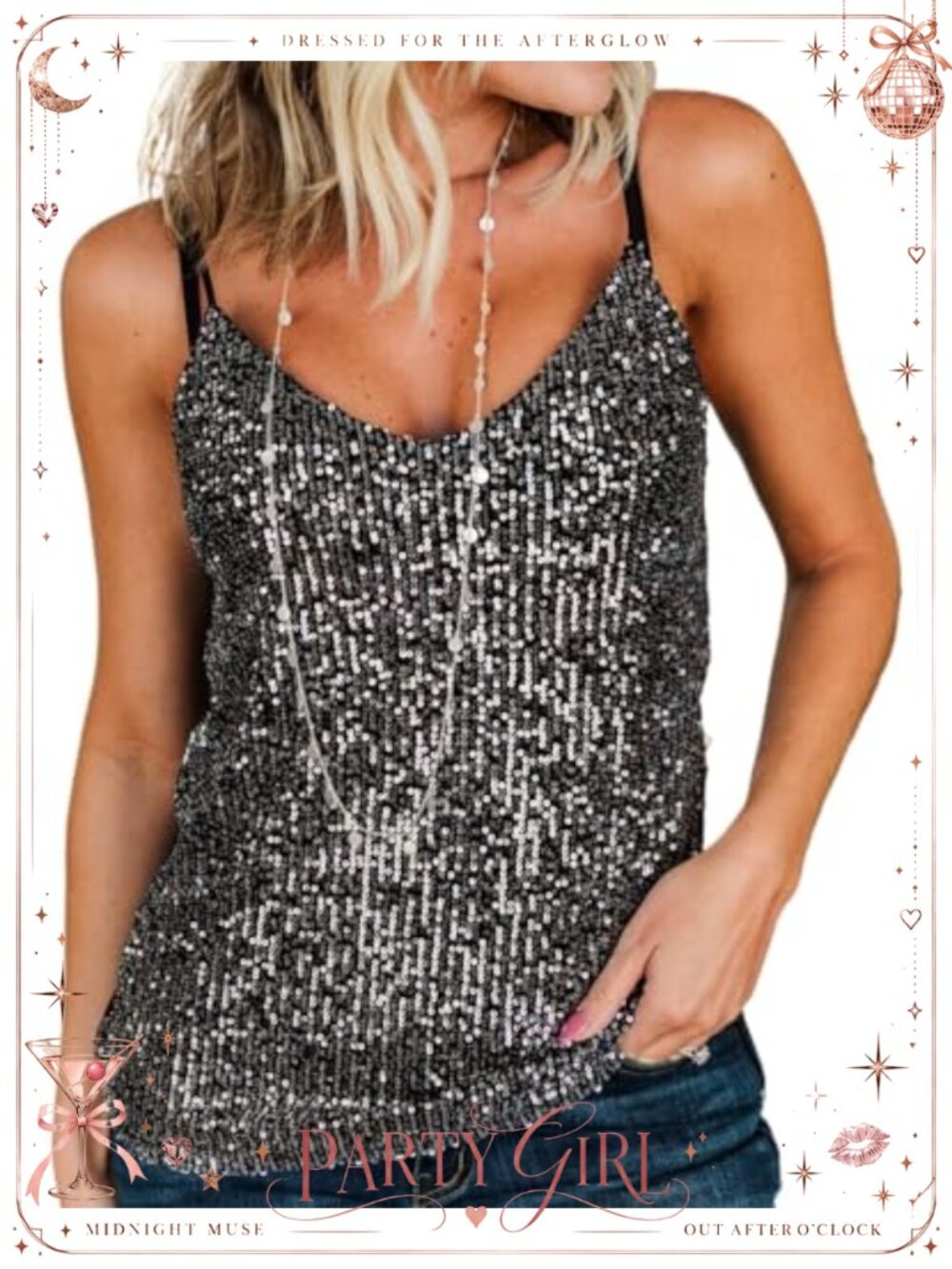 Sparkle Sequin Cami Tank Top Adjustable Straps Scoop Neck Party